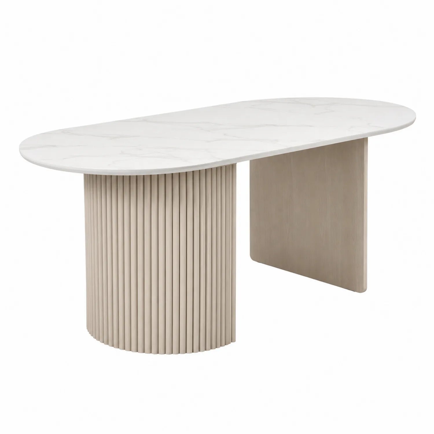 Mesa de comedor ovalada de mármol con base de madera