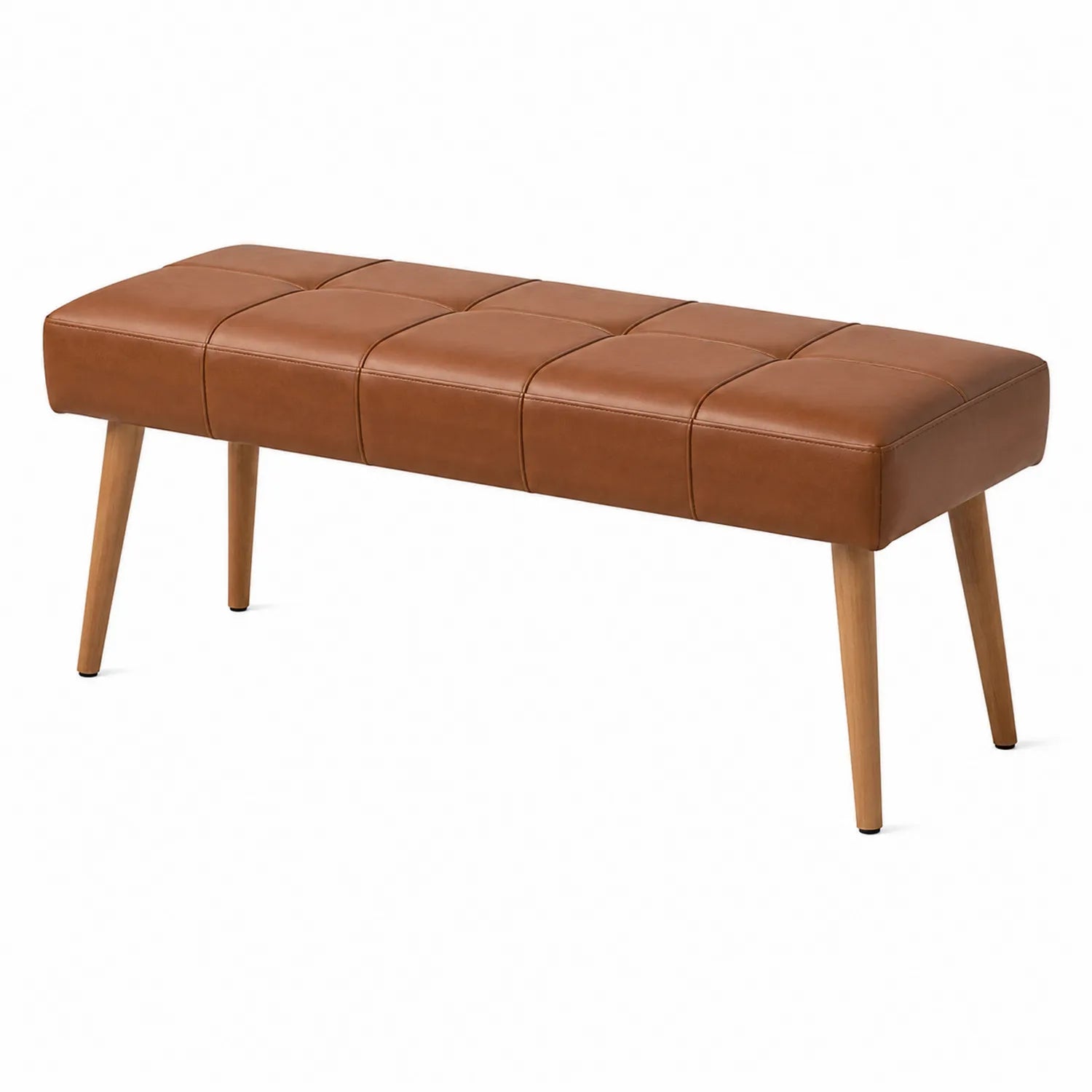 Banco de cuero sintético marrón con patas de madera