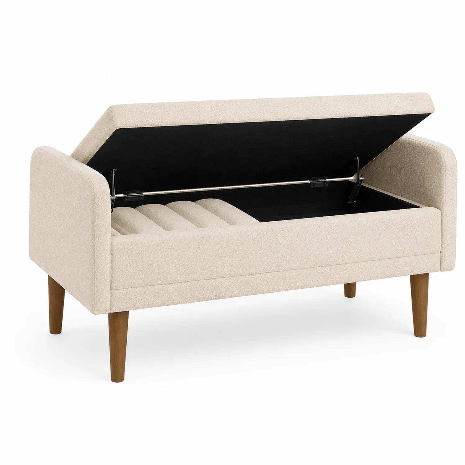 Banco de almacenamiento tapizado en tela beige con patas de madera
