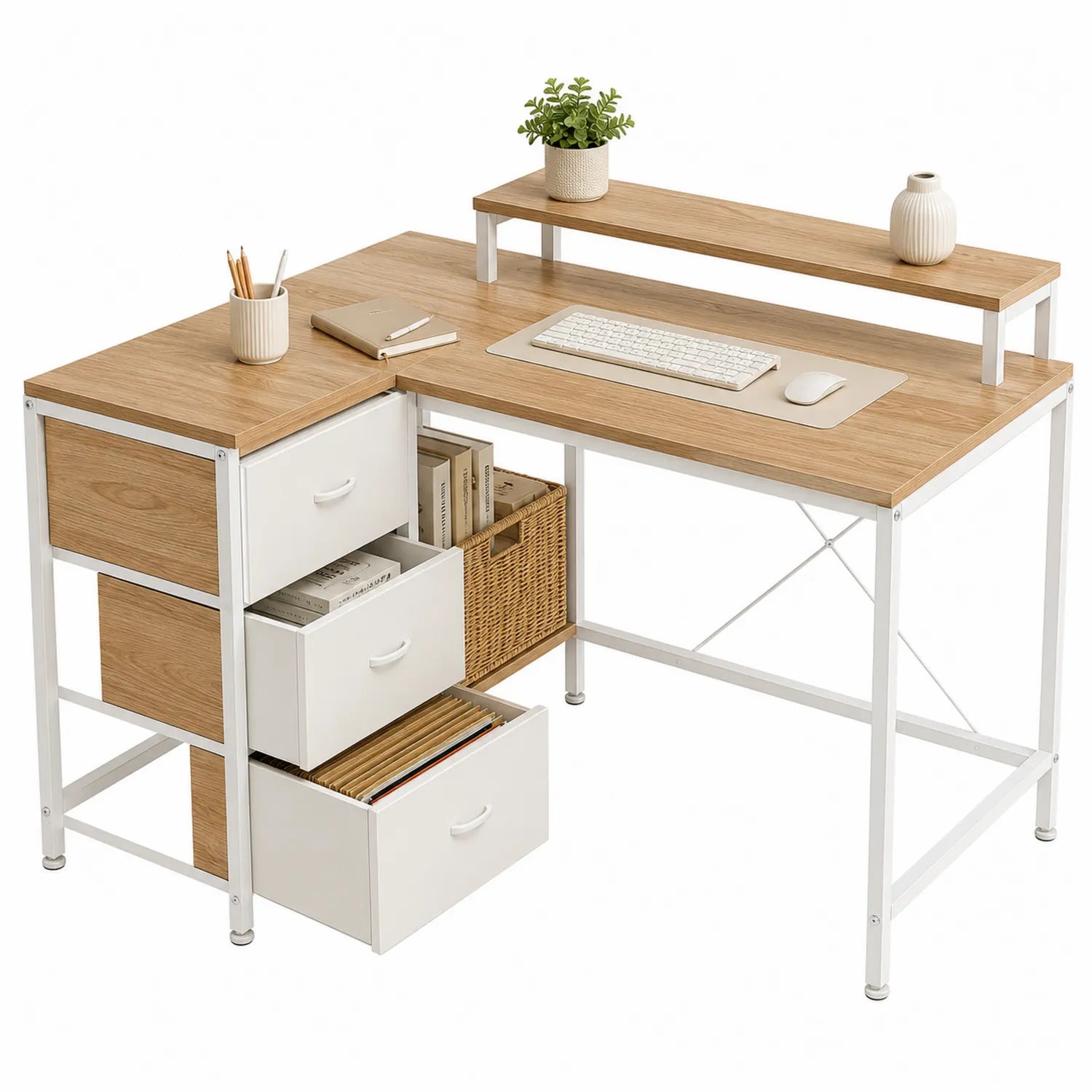 Escritorio en L con cajones de MDF y metal en blanco y madera natural