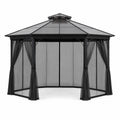 Gazebo hexagonal de acero y policarbonato con cortinas de poliéster negro 3m x 3m x 2.7m