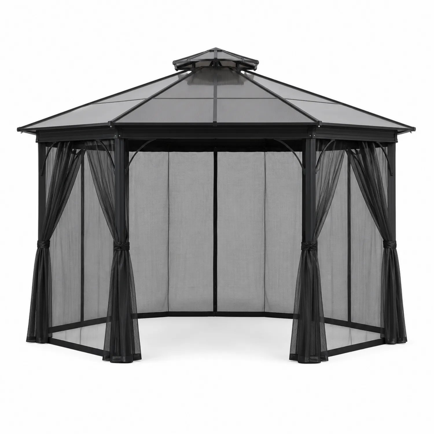 Gazebo hexagonal de acero y policarbonato con cortinas de poliéster negro 3m x 3m x 2.7m