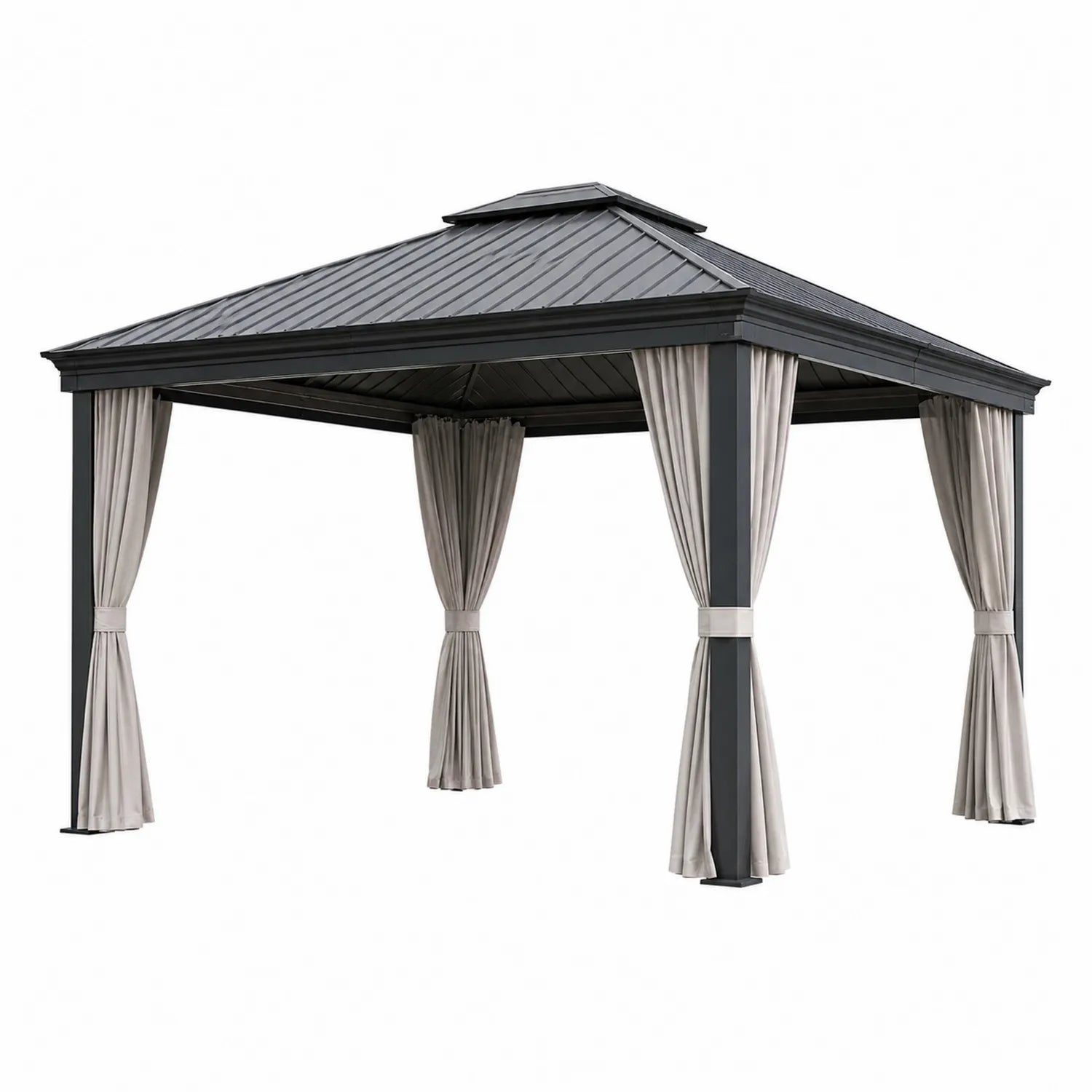 Pérgola de aluminio con techo de acero y cortinas beige 3x4m