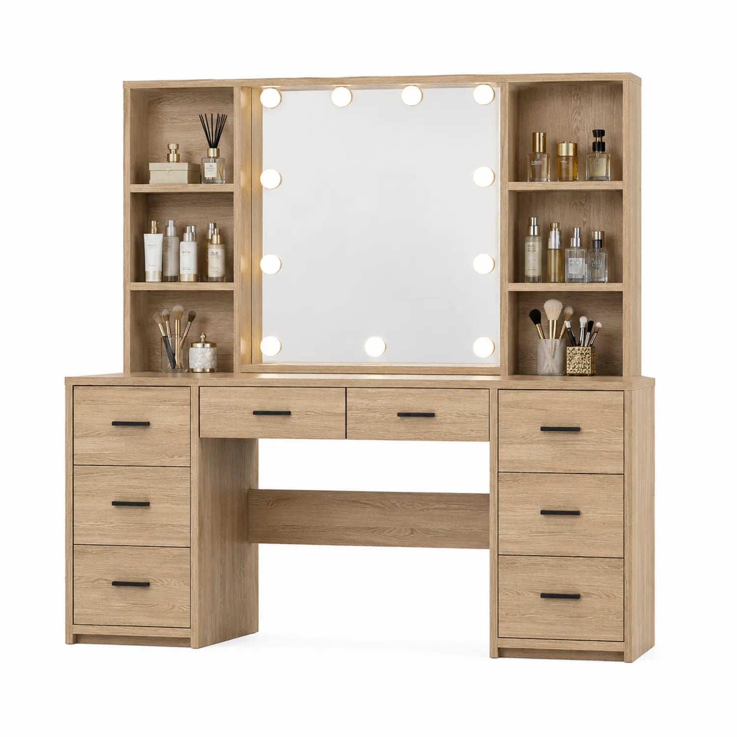 Tocador de madera con espejo y luces LED