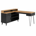 Escritorio en forma de L de madera y metal negro con almacenamiento