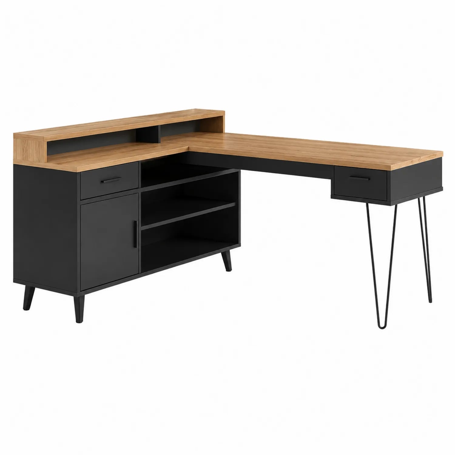 Escritorio en forma de L de madera y metal negro con almacenamiento