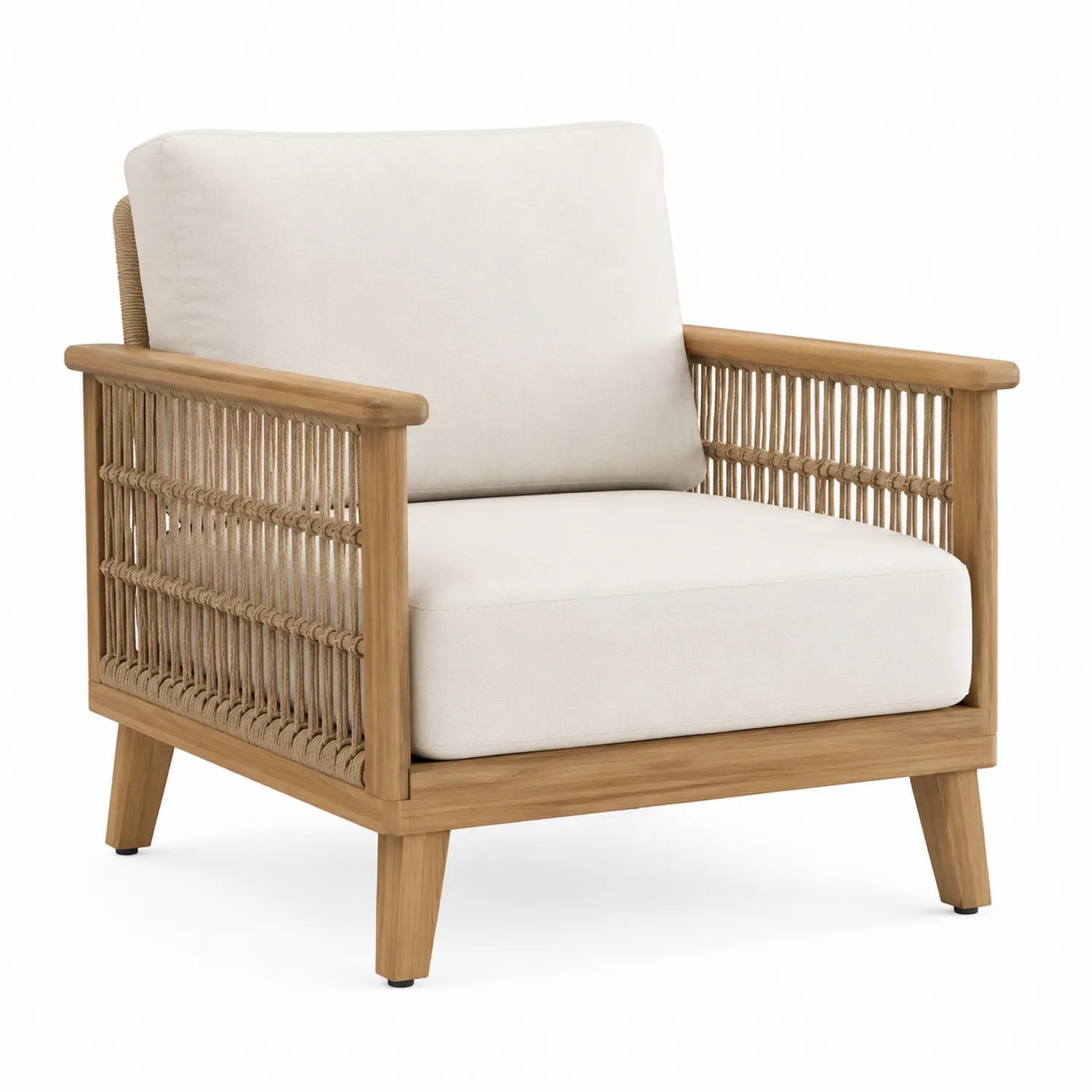 Silla de exterior de madera de teca y cuerda beige