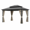 Pérgola de Aluminio con Techo de Doble Nivel y Cortinas de Poliéster Negro y Beige 3x4 m