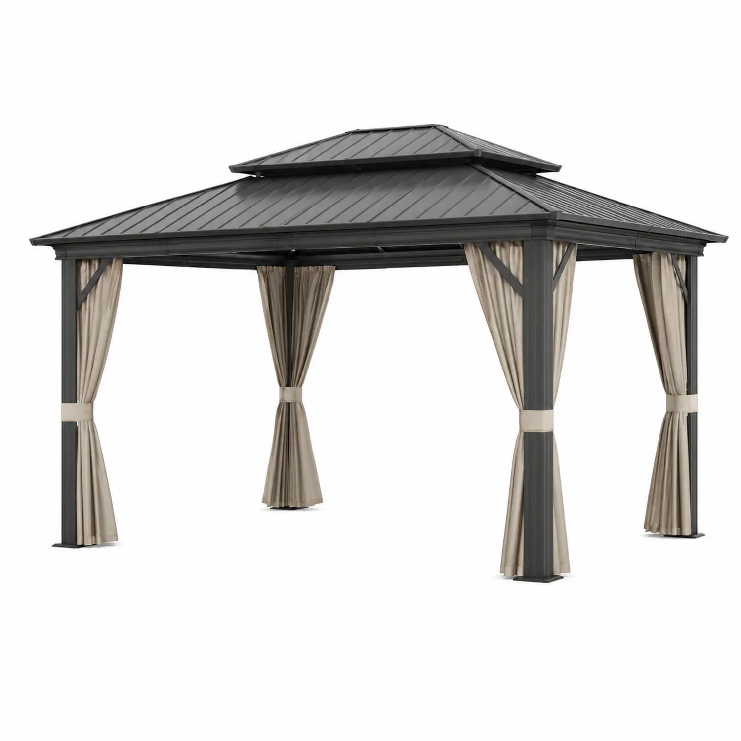 Pérgola de Aluminio con Techo de Doble Nivel y Cortinas de Poliéster Negro y Beige 3x4 m