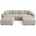 Sofá Seccional en Forma de L con Tapizado de Pana Beige y Pufs