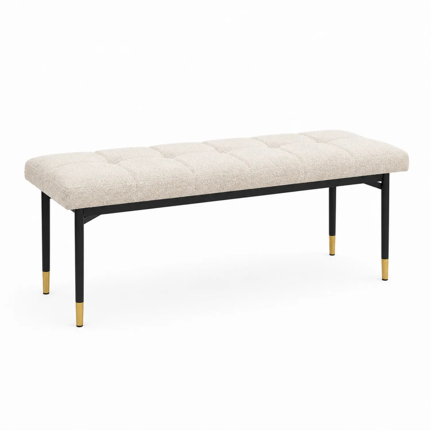 Banco de Tela Boucle Beige con Patas de Metal Negro y Dorados