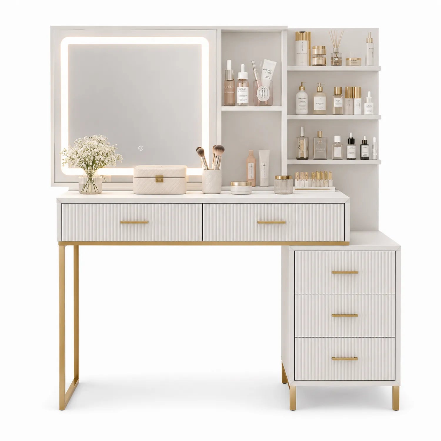 Tocador de Dormitorio con Espejo LED Blanco y Dorado 120cm